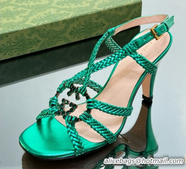 Low Cost Gucci Isa Leather Heel Sandals 9cm with Crystal Interlocking G Green 5070416