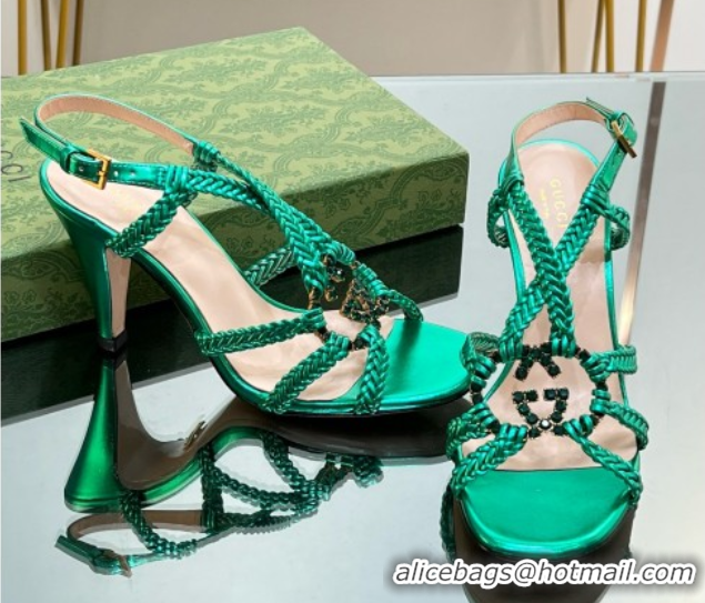Low Cost Gucci Isa Leather Heel Sandals 9cm with Crystal Interlocking G Green 5070416
