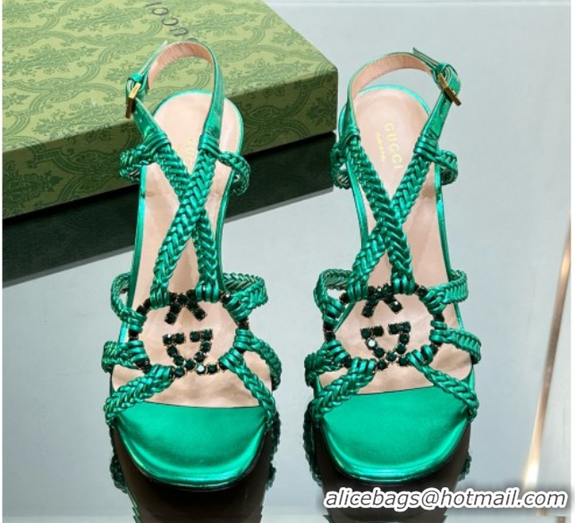 Low Cost Gucci Isa Leather Heel Sandals 9cm with Crystal Interlocking G Green 5070416