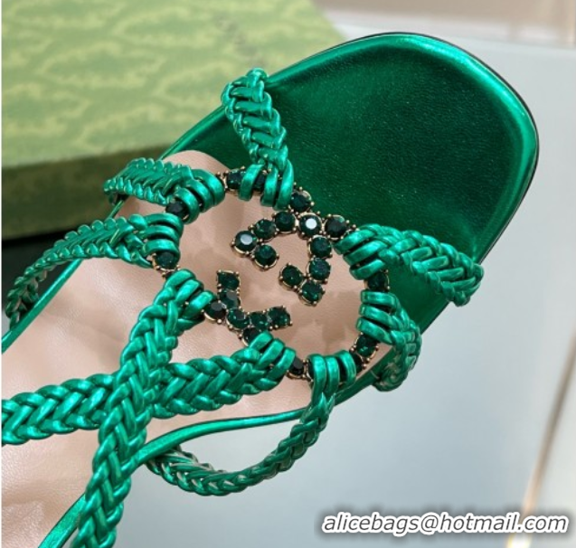 Low Cost Gucci Isa Leather Heel Sandals 9cm with Crystal Interlocking G Green 5070416