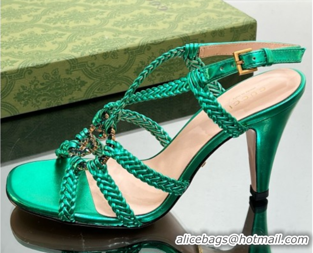 Low Cost Gucci Isa Leather Heel Sandals 9cm with Crystal Interlocking G Green 5070416