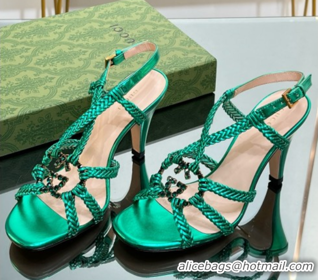 Low Cost Gucci Isa Leather Heel Sandals 9cm with Crystal Interlocking G Green 5070416