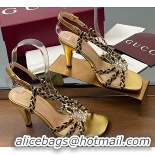 Luxurious Gucci Isa Leather Heel Sandals 9cm with Crystal Interlocking G Black/Gold 5070417