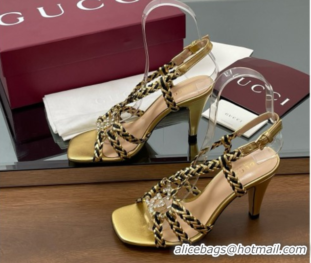 Luxurious Gucci Isa Leather Heel Sandals 9cm with Crystal Interlocking G Black/Gold 5070417