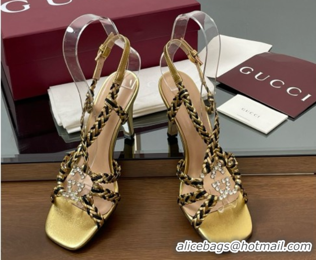 Luxurious Gucci Isa Leather Heel Sandals 9cm with Crystal Interlocking G Black/Gold 5070417