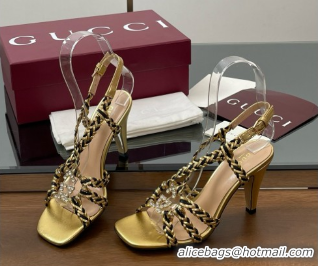 Luxurious Gucci Isa Leather Heel Sandals 9cm with Crystal Interlocking G Black/Gold 5070417