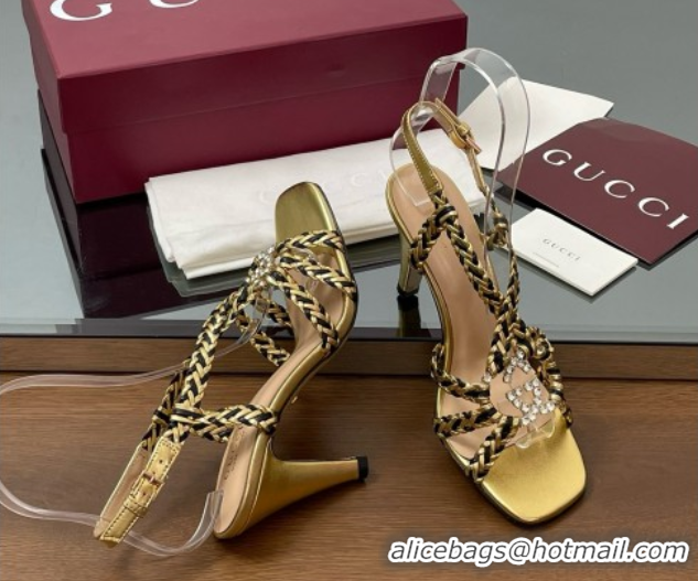 Luxurious Gucci Isa Leather Heel Sandals 9cm with Crystal Interlocking G Black/Gold 5070417