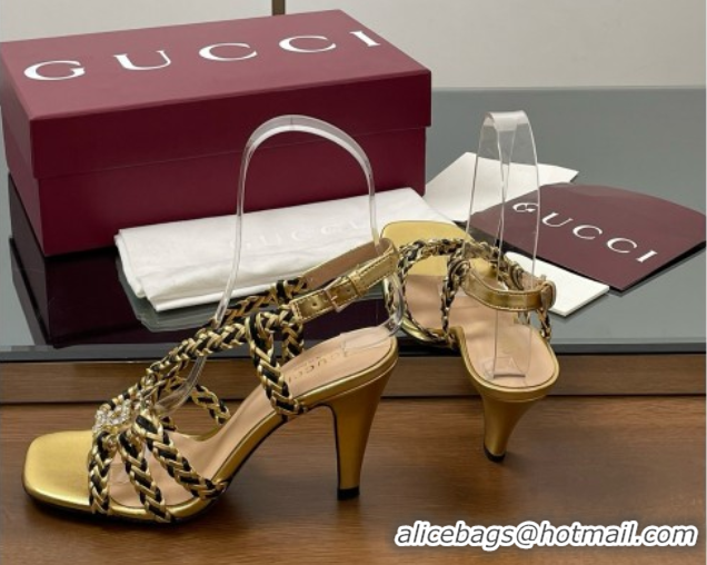 Luxurious Gucci Isa Leather Heel Sandals 9cm with Crystal Interlocking G Black/Gold 5070417