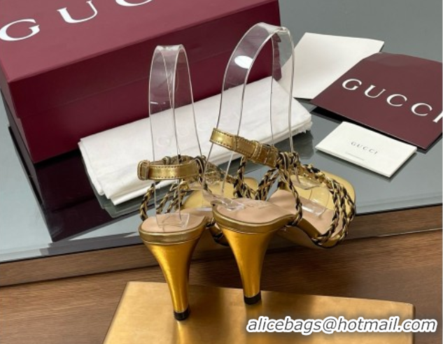 Luxurious Gucci Isa Leather Heel Sandals 9cm with Crystal Interlocking G Black/Gold 5070417