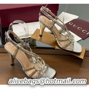 Unique Style Gucci Isa Leather Heel Sandals 9cm with Crystal Interlocking G Gold/Silver 5070418