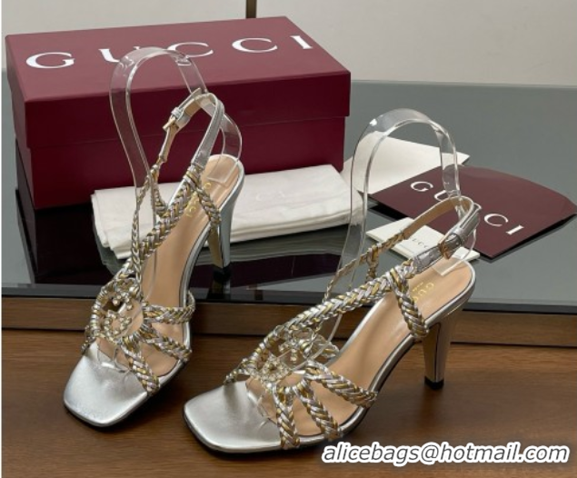 Unique Style Gucci Isa Leather Heel Sandals 9cm with Crystal Interlocking G Gold/Silver 5070418