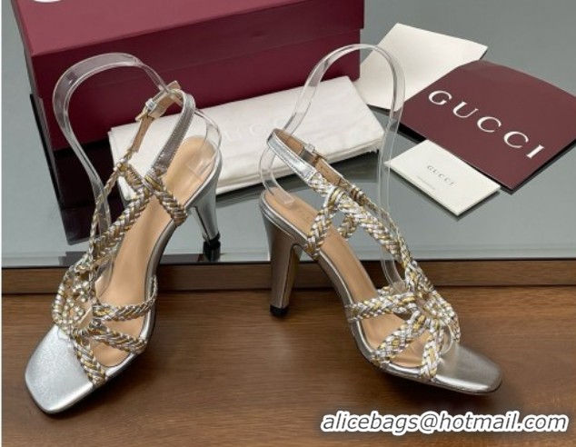 Unique Style Gucci Isa Leather Heel Sandals 9cm with Crystal Interlocking G Gold/Silver 5070418
