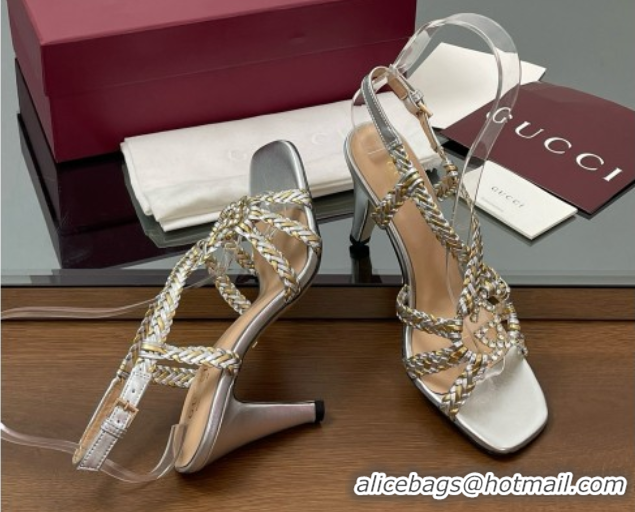 Unique Style Gucci Isa Leather Heel Sandals 9cm with Crystal Interlocking G Gold/Silver 5070418