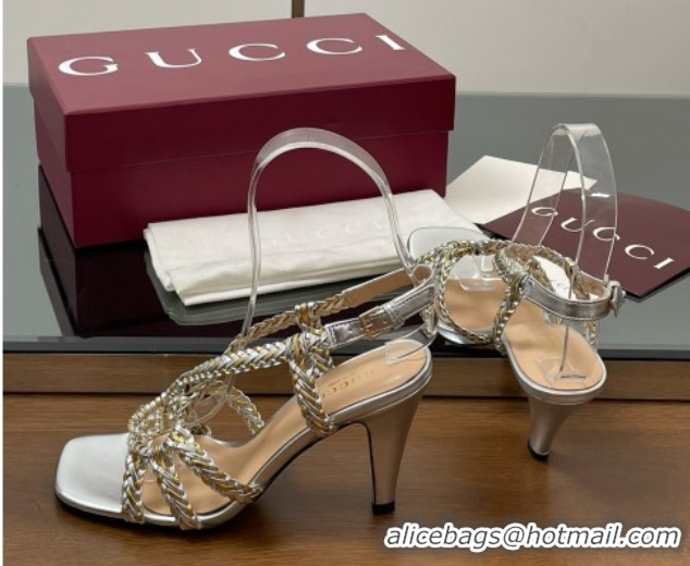Unique Style Gucci Isa Leather Heel Sandals 9cm with Crystal Interlocking G Gold/Silver 5070418