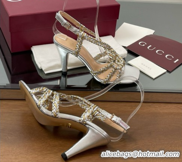 Unique Style Gucci Isa Leather Heel Sandals 9cm with Crystal Interlocking G Gold/Silver 5070418