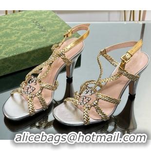 Best Grade Gucci Isa Leather Heel Sandals 9cm with Crystal Interlocking G Silver/Gold 5070419