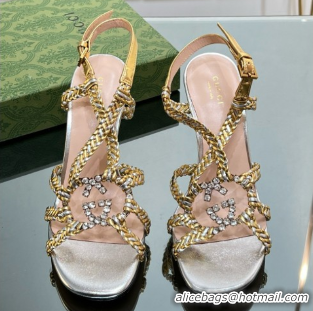 Best Grade Gucci Isa Leather Heel Sandals 9cm with Crystal Interlocking G Silver/Gold 5070419