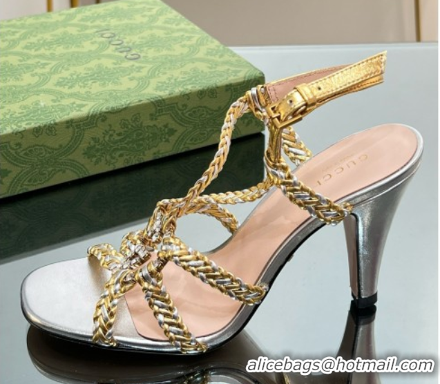 Best Grade Gucci Isa Leather Heel Sandals 9cm with Crystal Interlocking G Silver/Gold 5070419