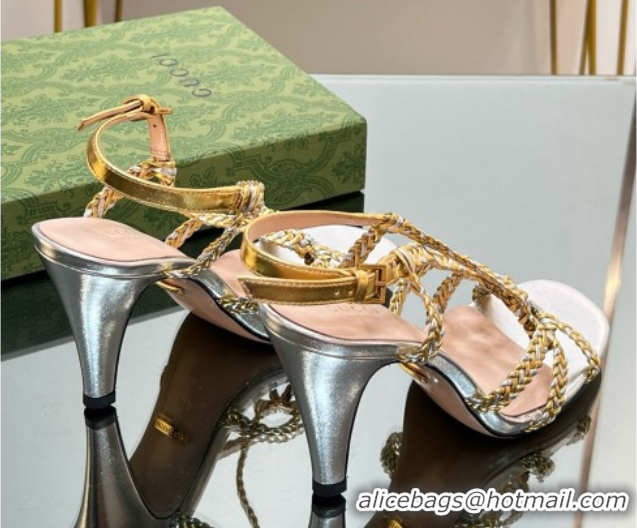 Best Grade Gucci Isa Leather Heel Sandals 9cm with Crystal Interlocking G Silver/Gold 5070419