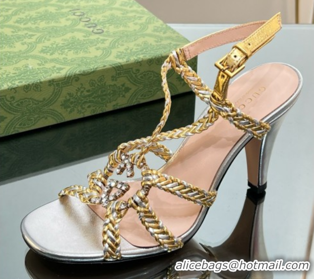 Best Grade Gucci Isa Leather Heel Sandals 9cm with Crystal Interlocking G Silver/Gold 5070419