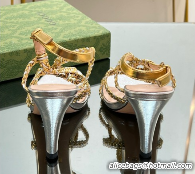 Best Grade Gucci Isa Leather Heel Sandals 9cm with Crystal Interlocking G Silver/Gold 5070419