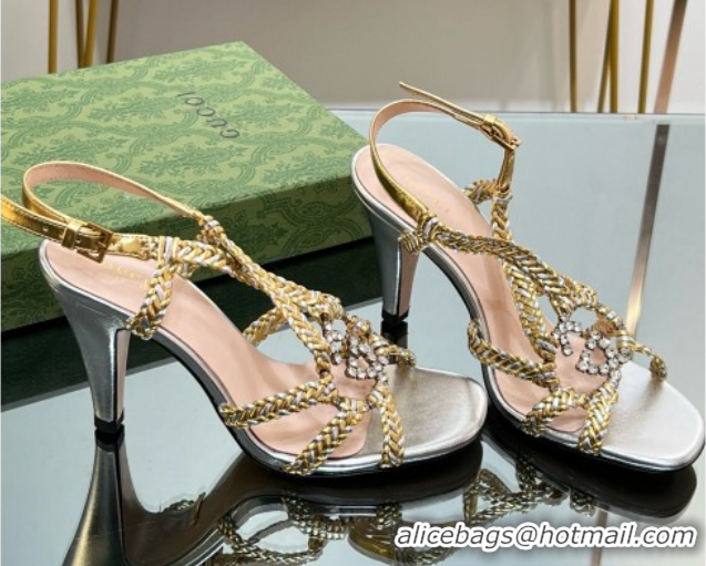 Best Grade Gucci Isa Leather Heel Sandals 9cm with Crystal Interlocking G Silver/Gold 5070419
