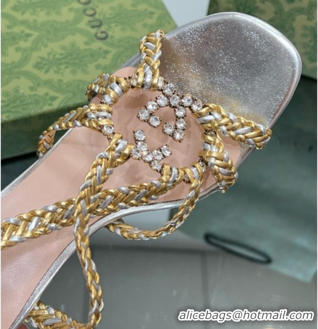 Best Grade Gucci Isa Leather Heel Sandals 9cm with Crystal Interlocking G Silver/Gold 5070419