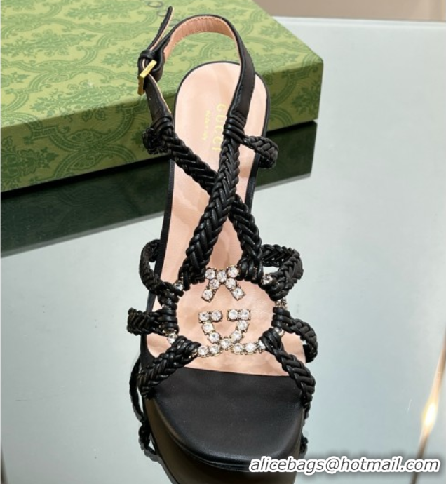 Low Price Gucci Isa Leather Heel Sandals 9cm with Crystal Interlocking G Black 5070420