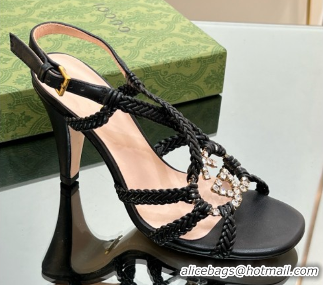 Low Price Gucci Isa Leather Heel Sandals 9cm with Crystal Interlocking G Black 5070420