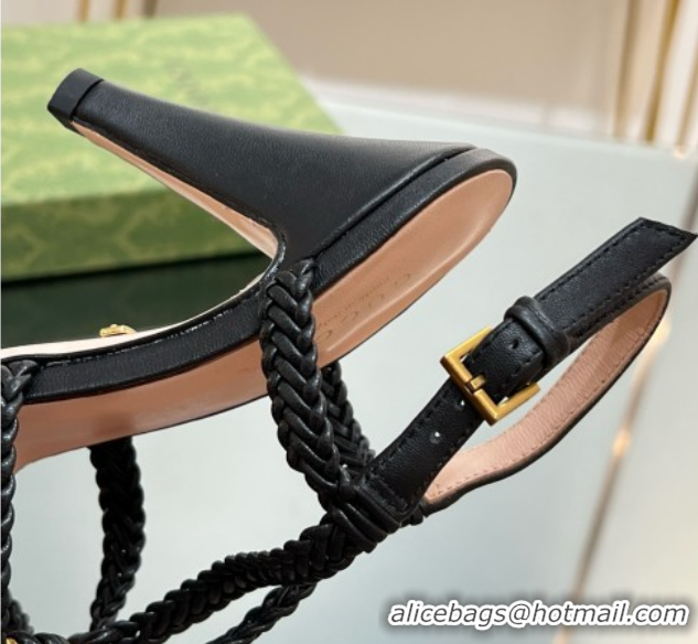 Low Price Gucci Isa Leather Heel Sandals 9cm with Crystal Interlocking G Black 5070420