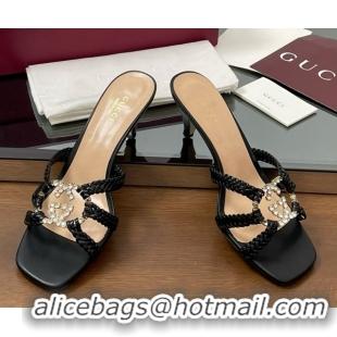 Good Quality Gucci Isa Leather Heel Slide Sandals 4.5cm with Crystal Interlocking G Black 5070421