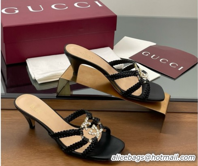 Good Quality Gucci Isa Leather Heel Slide Sandals 4.5cm with Crystal Interlocking G Black 5070421