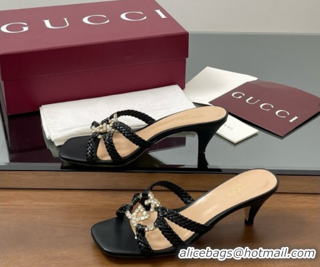 Good Quality Gucci Isa Leather Heel Slide Sandals 4.5cm with Crystal Interlocking G Black 5070421