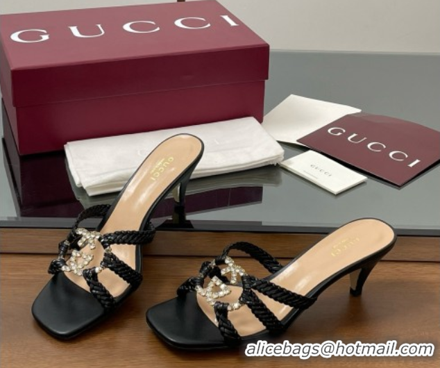 Good Quality Gucci Isa Leather Heel Slide Sandals 4.5cm with Crystal Interlocking G Black 5070421