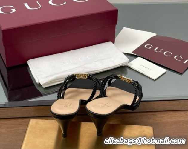 Good Quality Gucci Isa Leather Heel Slide Sandals 4.5cm with Crystal Interlocking G Black 5070421