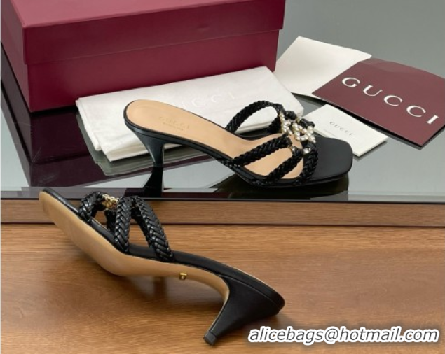 Good Quality Gucci Isa Leather Heel Slide Sandals 4.5cm with Crystal Interlocking G Black 5070421
