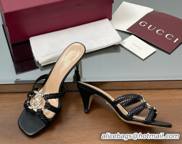 Good Quality Gucci Isa Leather Heel Slide Sandals 4.5cm with Crystal Interlocking G Black 5070421