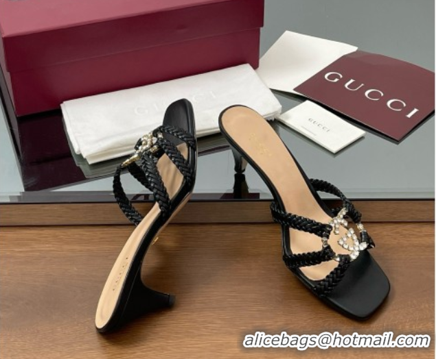 Good Quality Gucci Isa Leather Heel Slide Sandals 4.5cm with Crystal Interlocking G Black 5070421