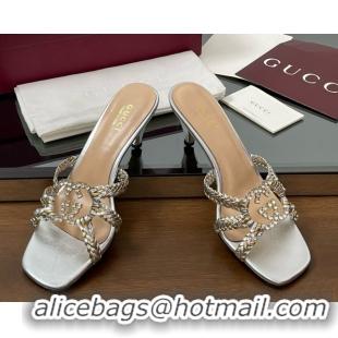 Low Cost Gucci Isa Leather Heel Slide Sandals 4.5cm with Crystal Interlocking G Gold/Silver 5070422
