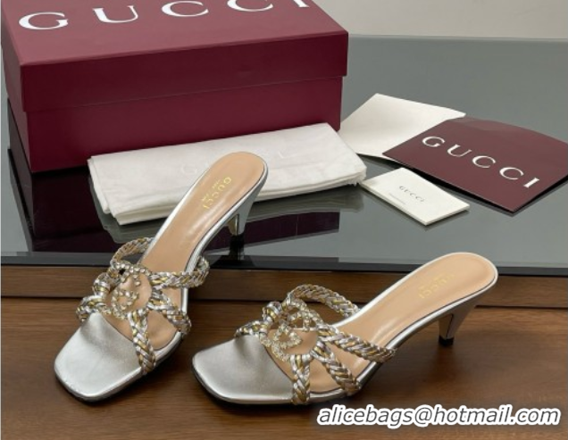 Low Cost Gucci Isa Leather Heel Slide Sandals 4.5cm with Crystal Interlocking G Gold/Silver 5070422