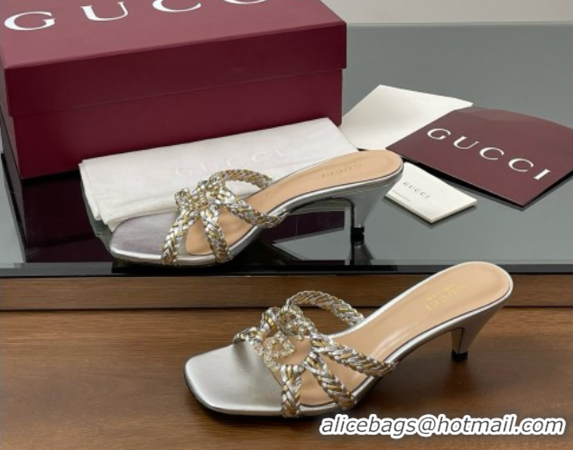 Low Cost Gucci Isa Leather Heel Slide Sandals 4.5cm with Crystal Interlocking G Gold/Silver 5070422