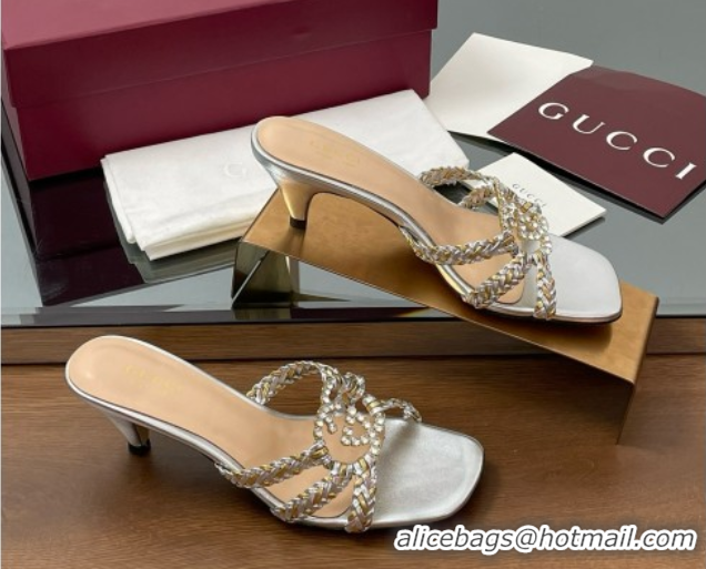 Low Cost Gucci Isa Leather Heel Slide Sandals 4.5cm with Crystal Interlocking G Gold/Silver 5070422