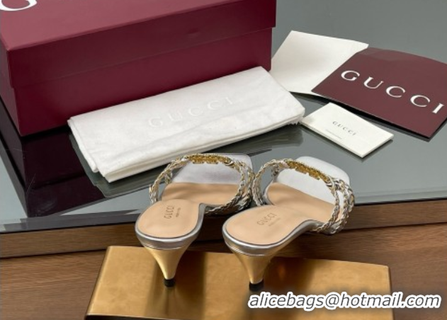 Low Cost Gucci Isa Leather Heel Slide Sandals 4.5cm with Crystal Interlocking G Gold/Silver 5070422