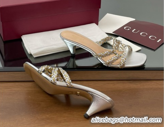 Low Cost Gucci Isa Leather Heel Slide Sandals 4.5cm with Crystal Interlocking G Gold/Silver 5070422