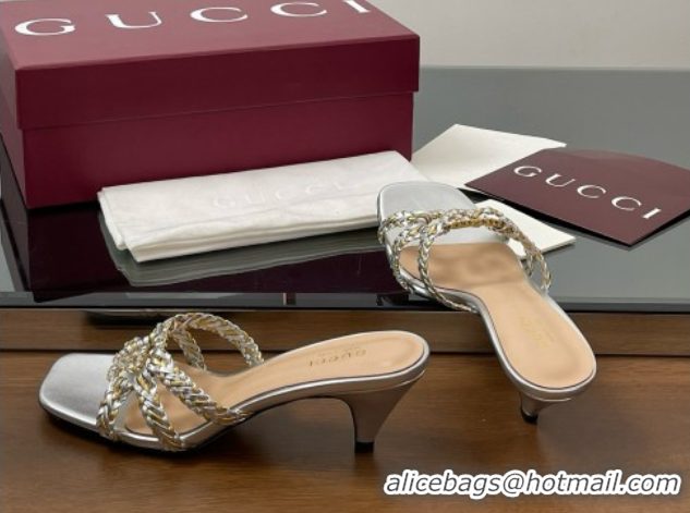 Low Cost Gucci Isa Leather Heel Slide Sandals 4.5cm with Crystal Interlocking G Gold/Silver 5070422