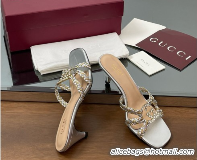 Low Cost Gucci Isa Leather Heel Slide Sandals 4.5cm with Crystal Interlocking G Gold/Silver 5070422
