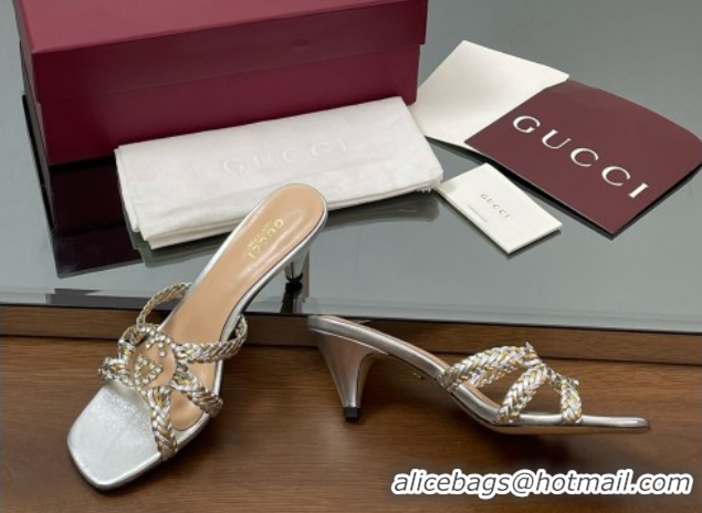 Low Cost Gucci Isa Leather Heel Slide Sandals 4.5cm with Crystal Interlocking G Gold/Silver 5070422