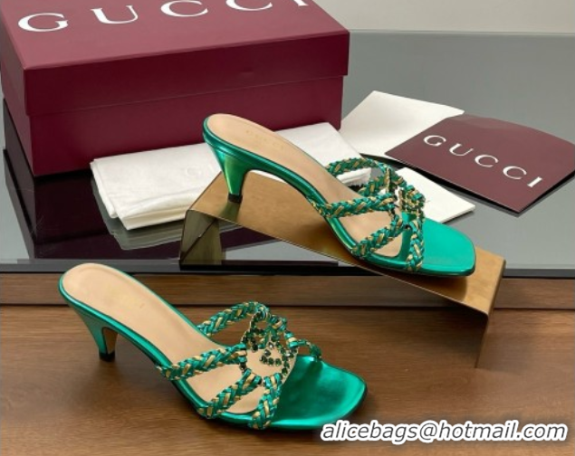 Classic Hot Gucci Isa Leather Heel Slide Sandals 4.5cm with Crystal Interlocking G Gold/Green 5070423