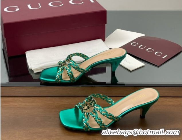 Classic Hot Gucci Isa Leather Heel Slide Sandals 4.5cm with Crystal Interlocking G Gold/Green 5070423