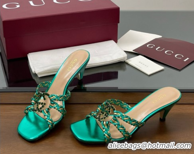 Classic Hot Gucci Isa Leather Heel Slide Sandals 4.5cm with Crystal Interlocking G Gold/Green 5070423